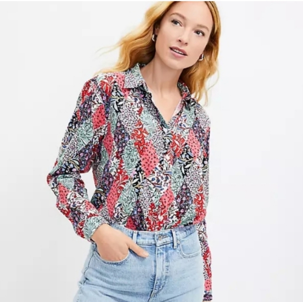 Women's Loft Patchwork Bloom Button Down Shirt Sz Petite Medium
